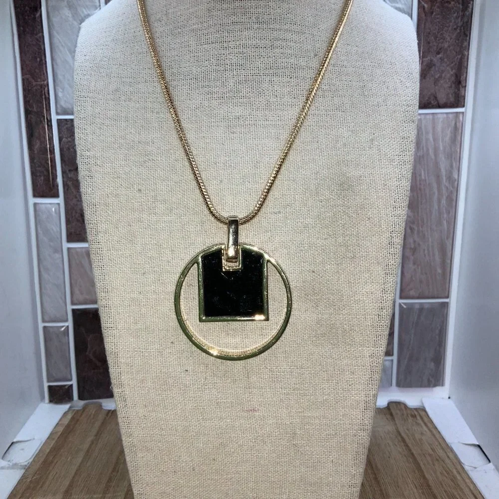 Chico's Openwork Black & Gold Tone Enamel Pendant Necklace